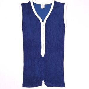 Vintage Lollipop Lolli-jamas Terry Cloth Romper Blue White Zip Front Womens M